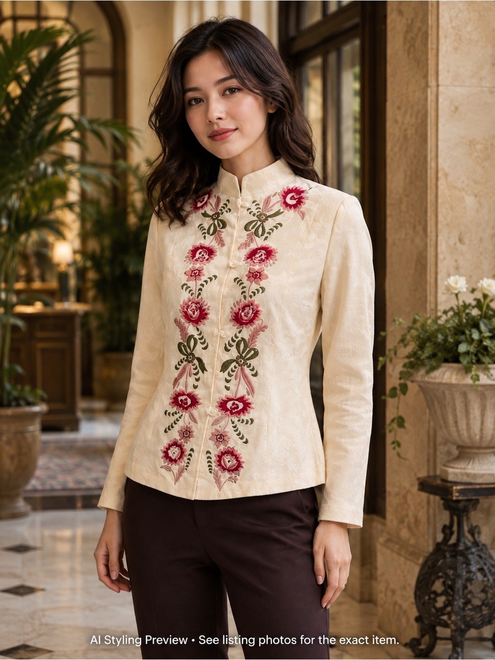 Raindrops Women’s M Ivory Floral Embroidered Mandarin Collar Jacket Boho